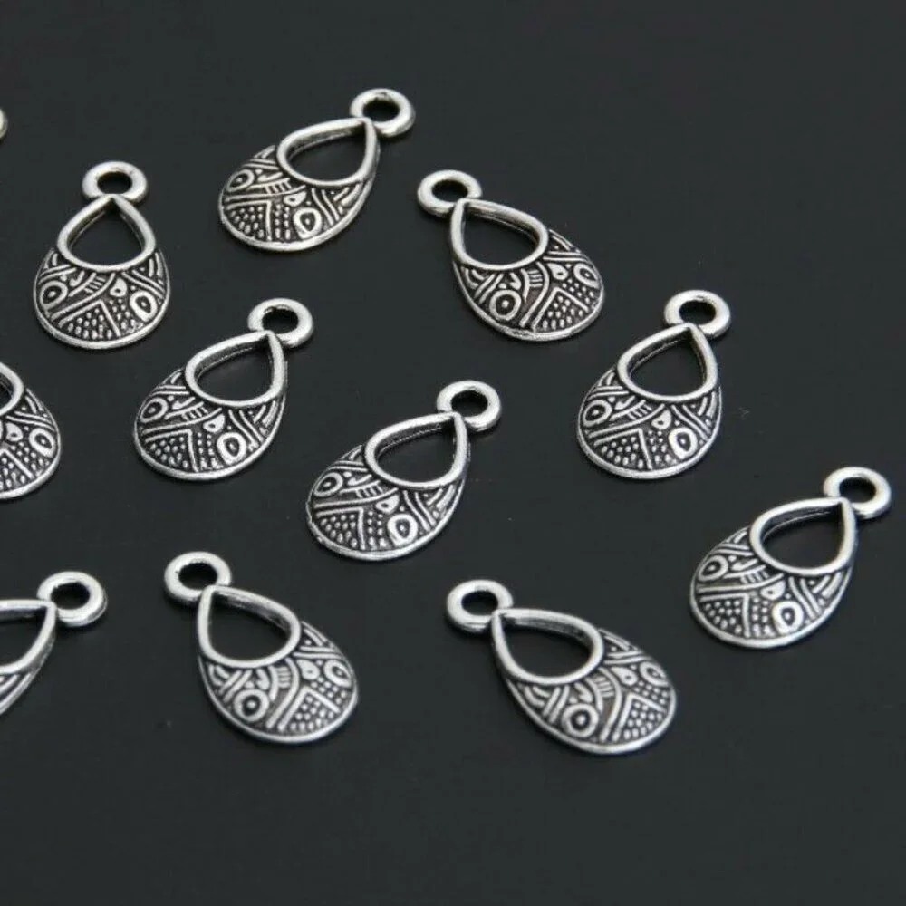 Antique Silver Plated Art Deco Carved Open Curved Teardrop Charms 4Pcs